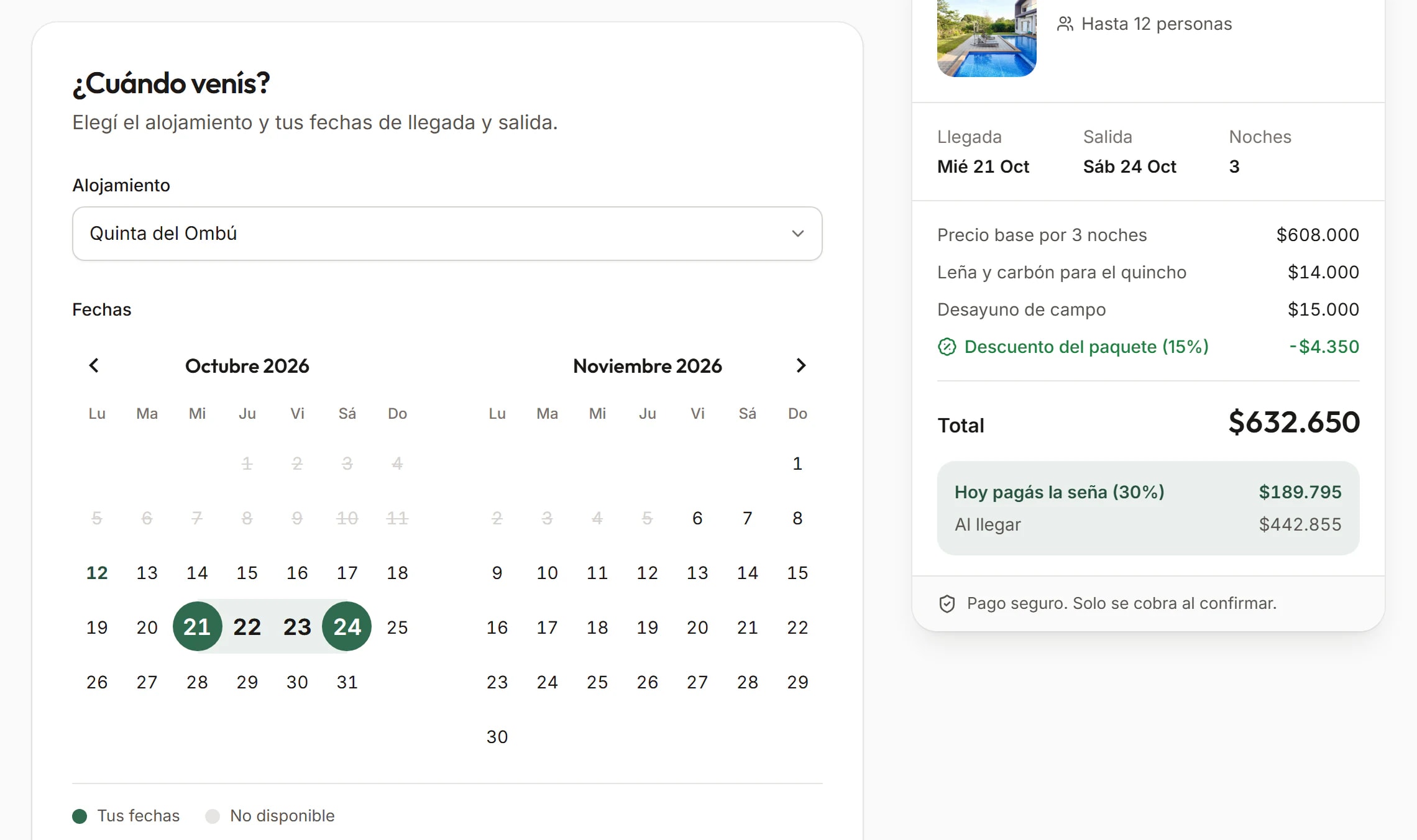 Captura del paso de fechas de una reserva en el sitio de ejemplo: el calendario de dos meses con una estadía de tres noches elegida.