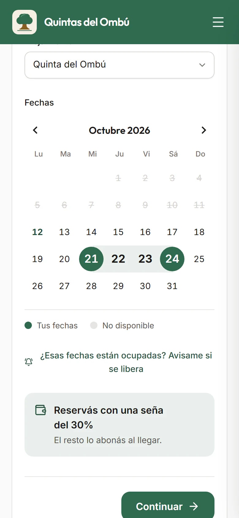 Captura del sitio de ejemplo en un celular: el calendario de disponibilidad con una estadía de tres noches elegida y los días pasados tachados.