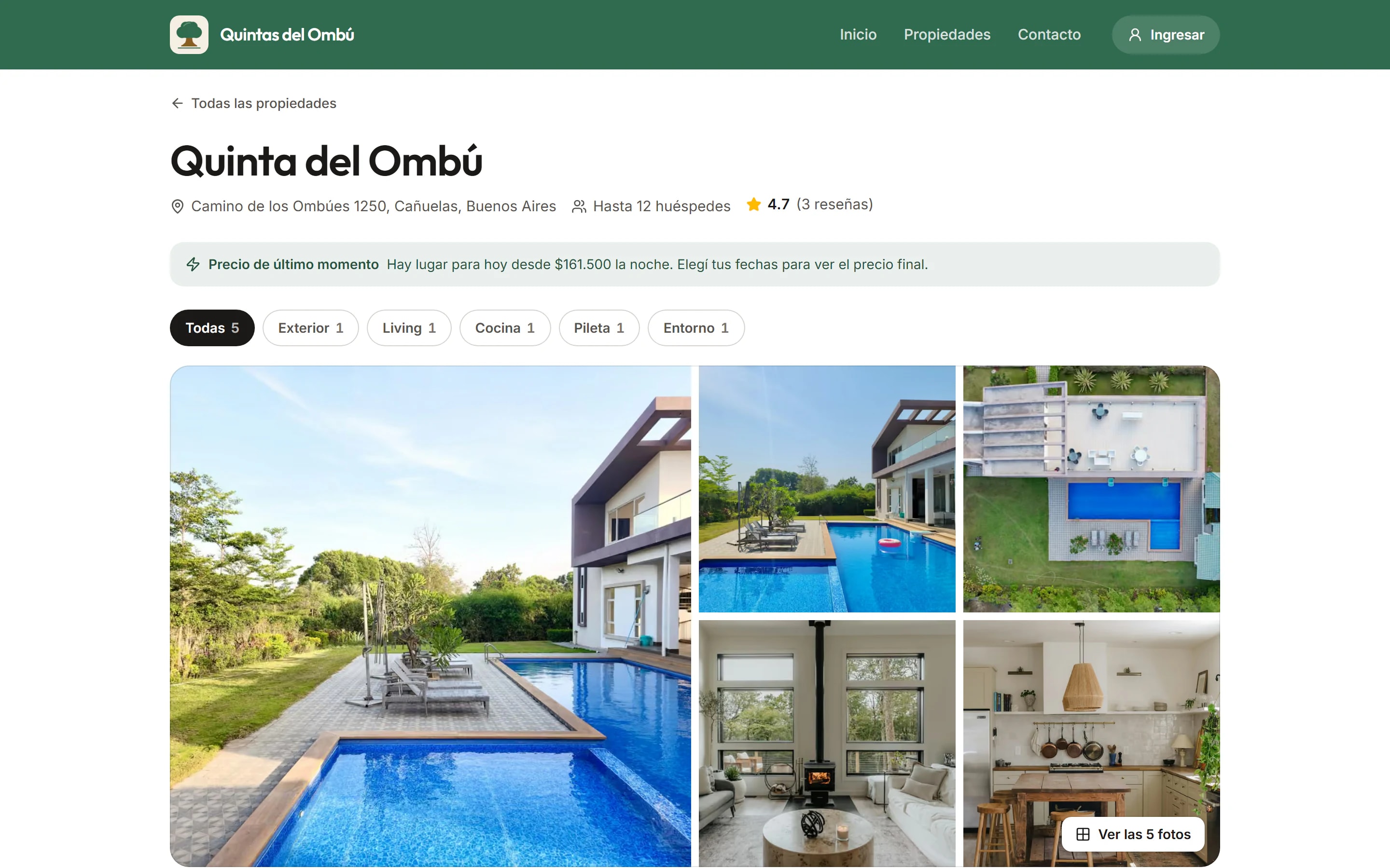 Captura de la página de un alojamiento en el sitio de ejemplo: nombre, ubicación, capacidad, galería de fotos y precio por noche.