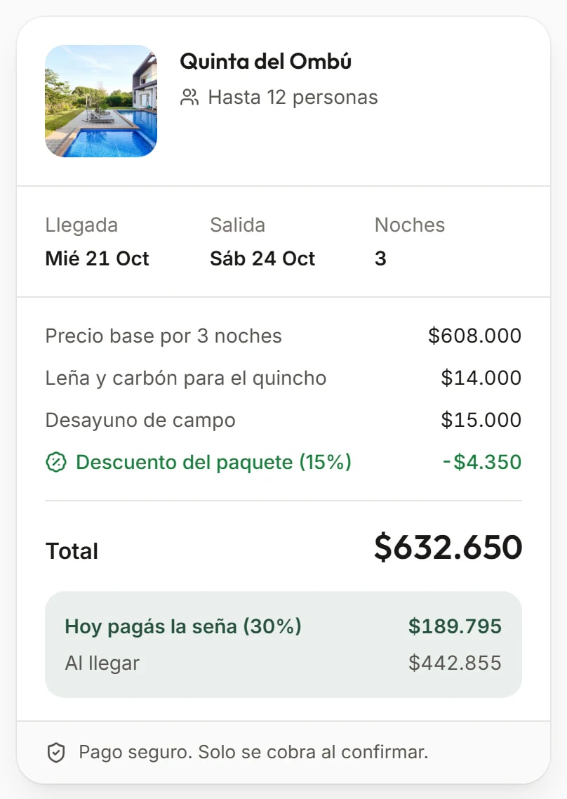 Captura del resumen de la reserva en el sitio de ejemplo: alojamiento, fechas de llegada y salida, cantidad de noches y total calculado.